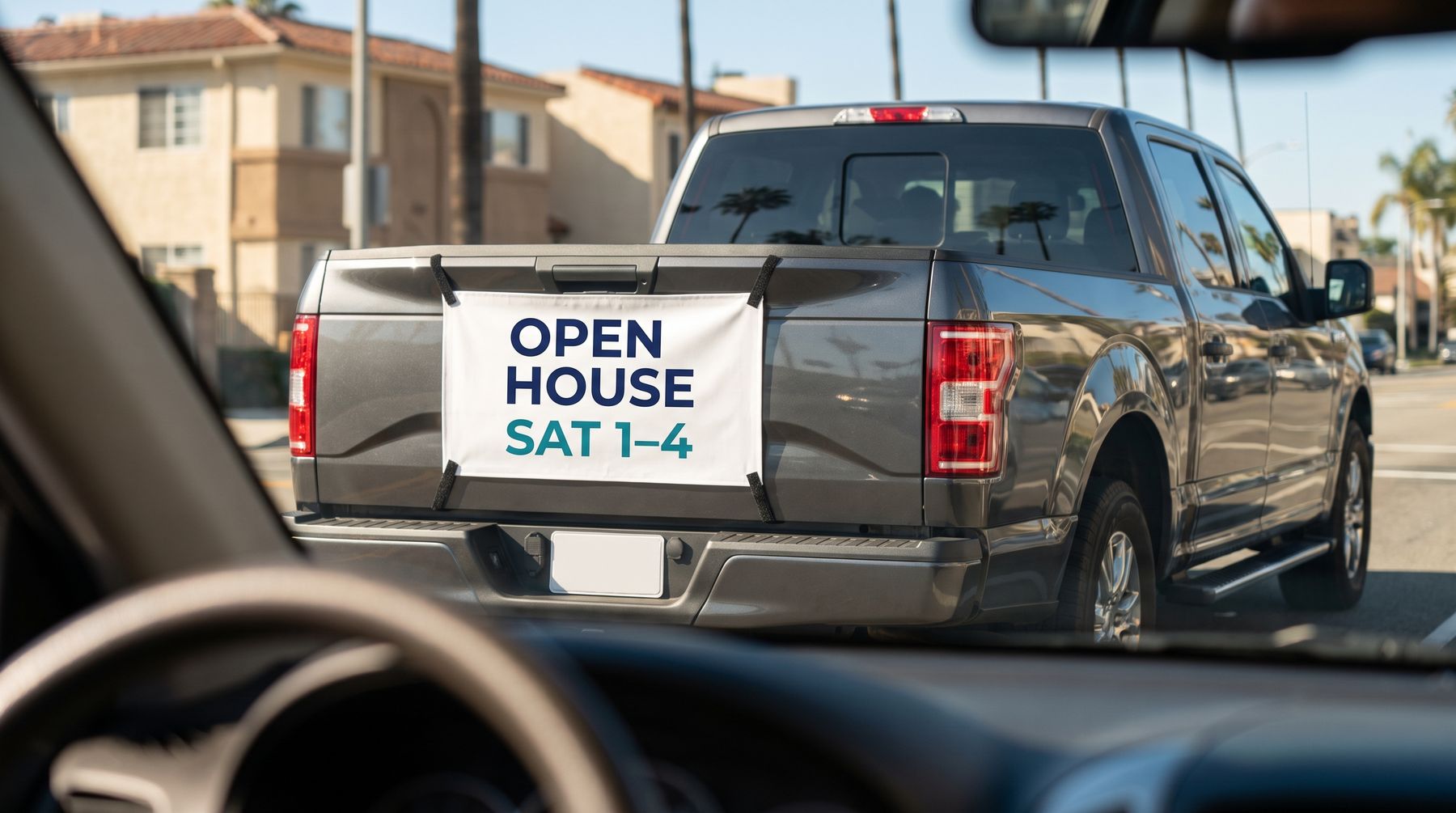 Advertising panel on a pickup tailgate seen from the car behind in traffic