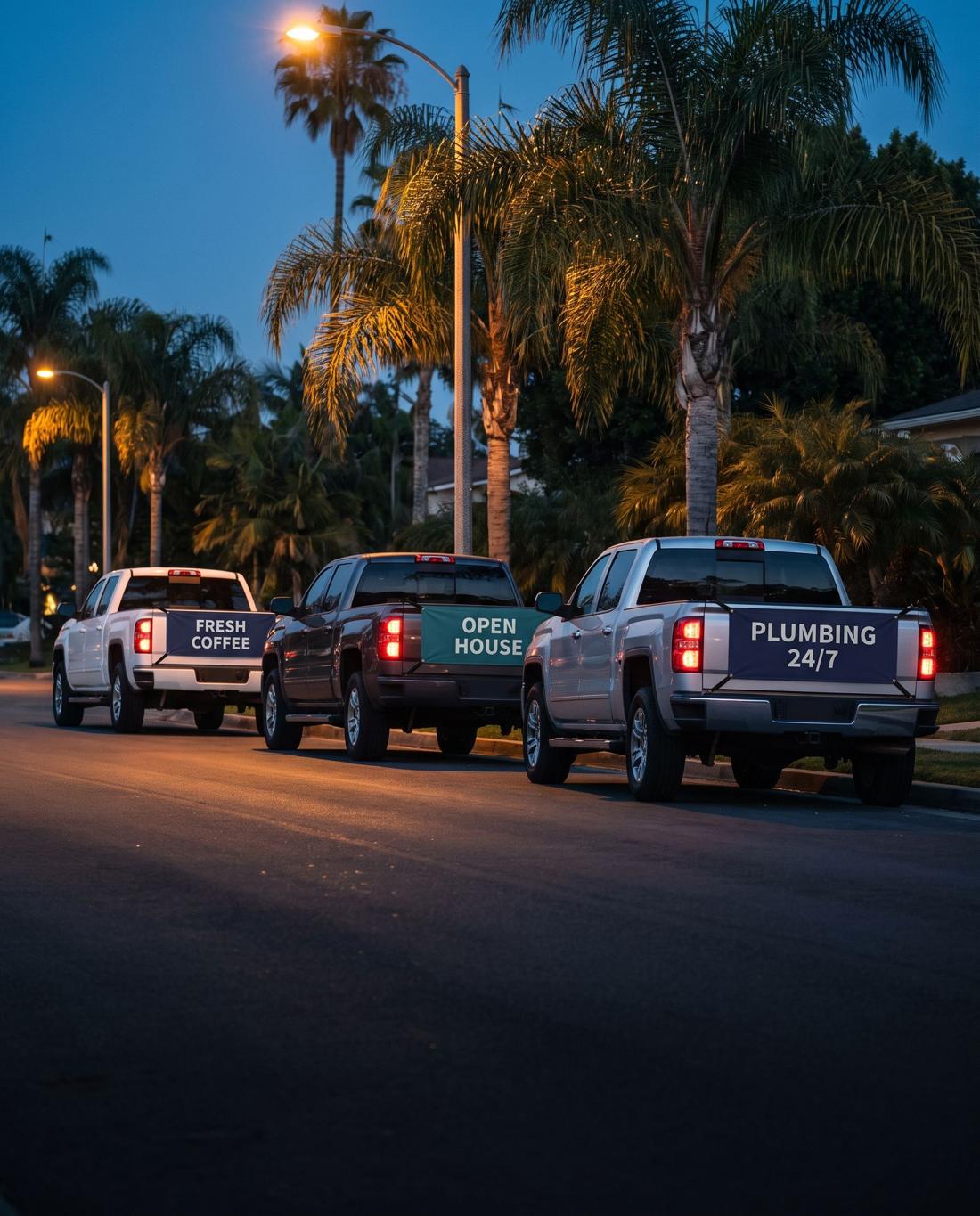 Pickup trucks with tailgate signs on a palm-lined Los Angeles street at dusk