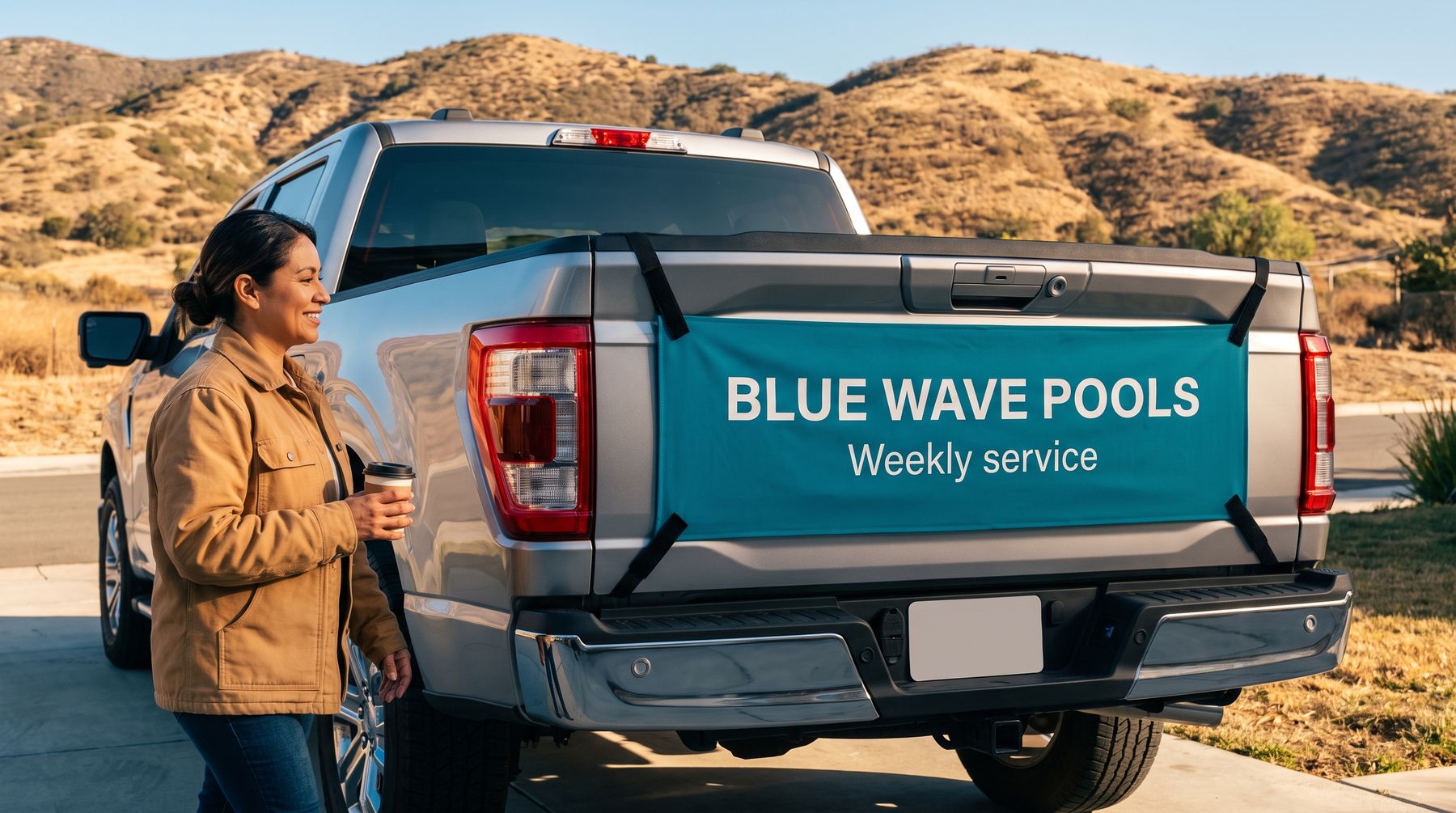 Driver standing beside a pickup truck carrying an advertiser sign