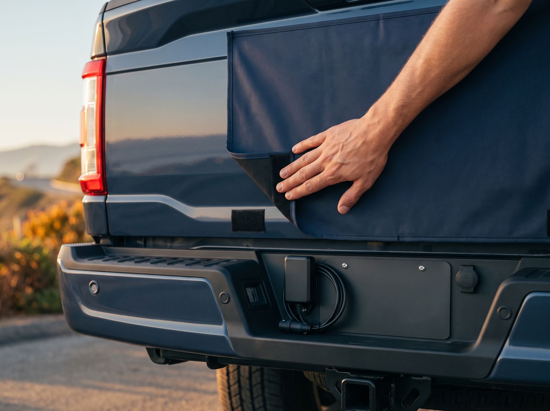 The sign strapped onto a tailgate
