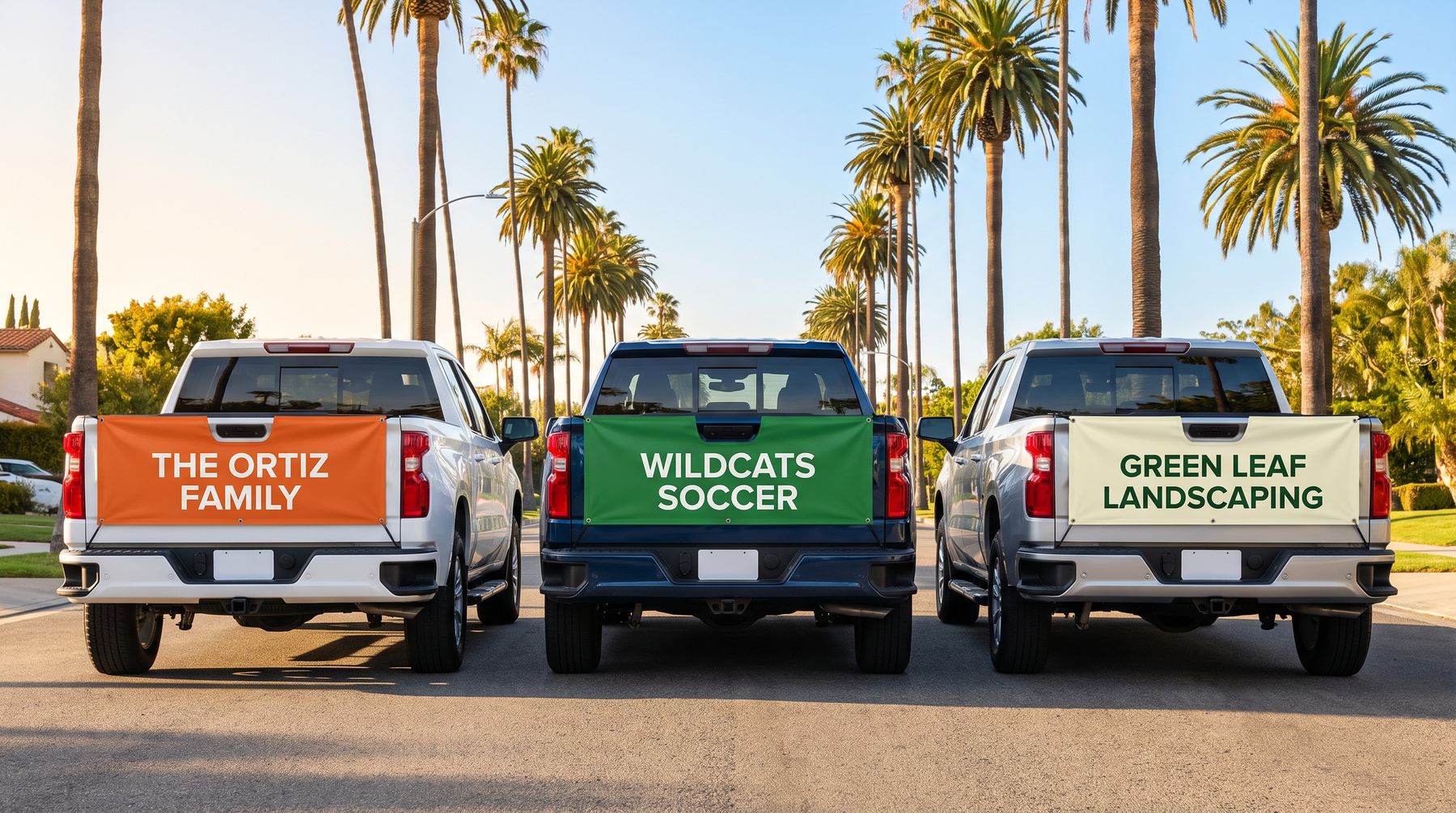 A custom business sign fitted over a pickup truck tailgate